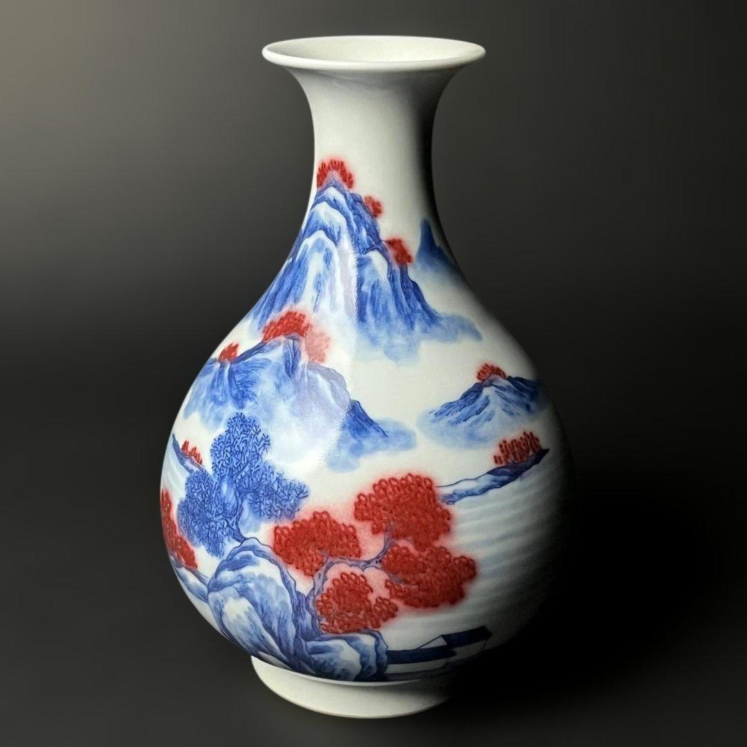 唐物 青花釉裏紅楼閣山水人物紋 玉壺春 大清康煕年製 款 中国美術古玩 S54