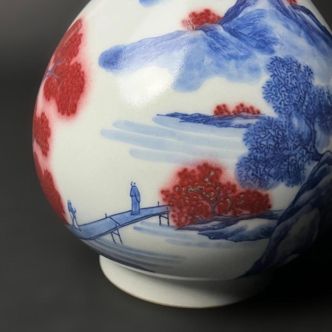 唐物 青花釉裏紅楼閣山水人物紋 玉壺春 大清康煕年製 款 中国美術古玩 S54