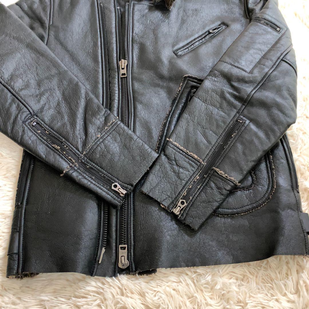 XL AVIREX ムートンレザー ジャケット ライダース 黒 ボア メンズ 革