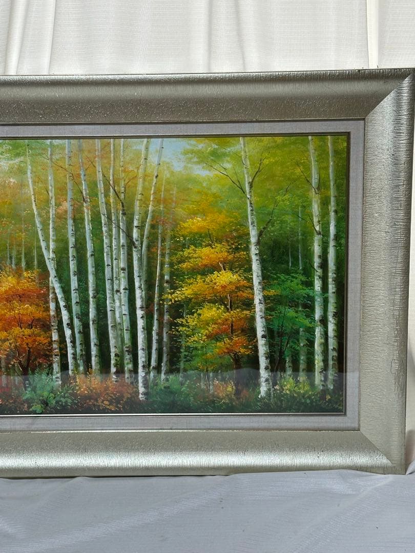 お勧め　油彩　肉筆　秋の森林白樺風景画　大型横長額縁　紅葉　インテリア　ア-ト