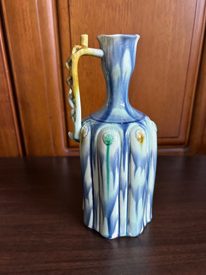 人間国宝　加藤卓男　藍彩貼花文手付花入 重要無形文化財認定