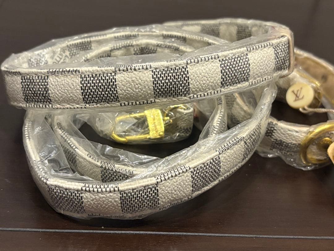 ダミエデザイン　小型犬　首輪　リード　セット　アズール