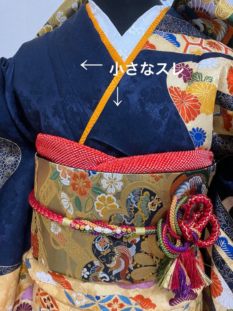 サービスセット しつけ糸つき紺の古典柄正絹振袖 全て揃ったフルセット M～トール