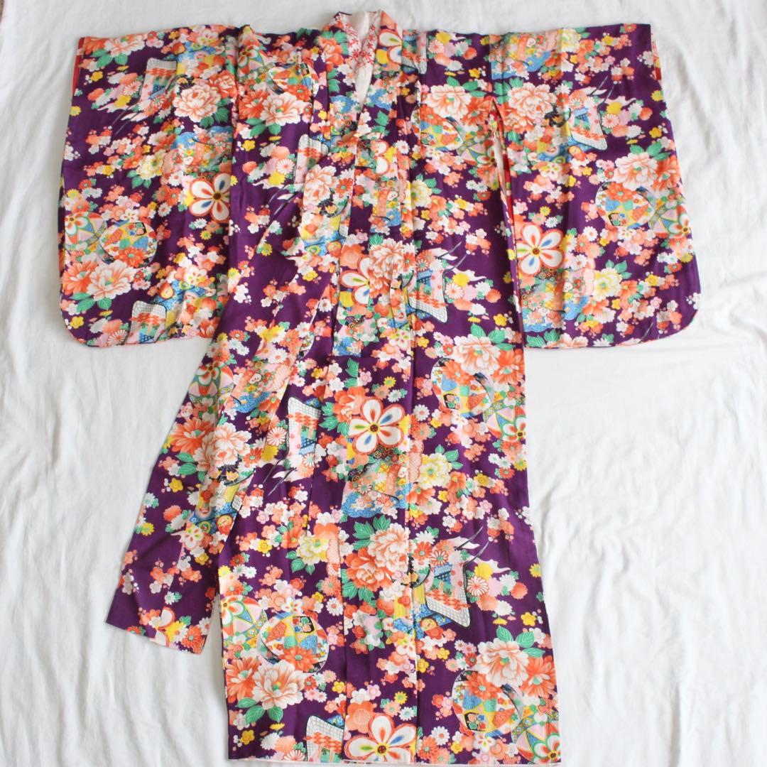 七五三 7歳 女の子 子供 アンティーク 紫 着物 帯 セット