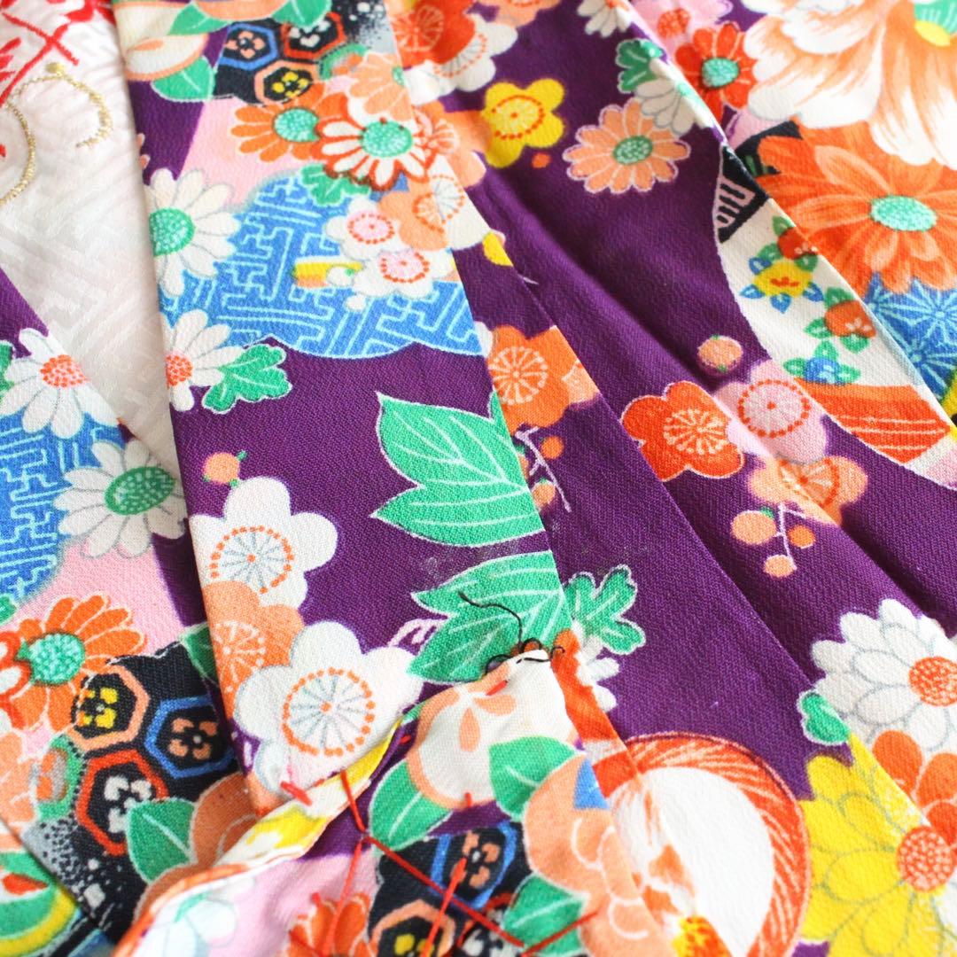 七五三 7歳 女の子 子供 アンティーク 紫 着物 帯 セット