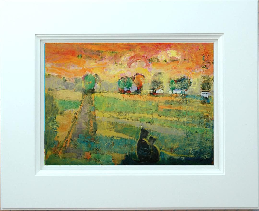 油絵菅家令子絵 絵画インテリア額付(青緑＋金色の枠)uF6-070919夕朝陽猫