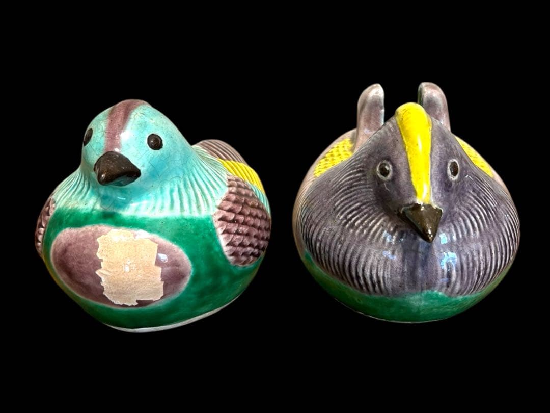 《古美術》希少 清朝時代 鴛鴦モチーフ陶器製御屏風挟(1対) 専用箱 置物