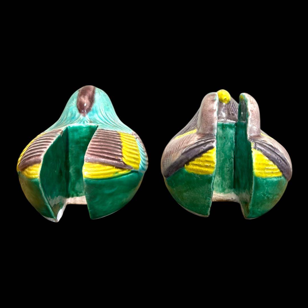 《古美術》希少 清朝時代 鴛鴦モチーフ陶器製御屏風挟(1対) 専用箱 置物