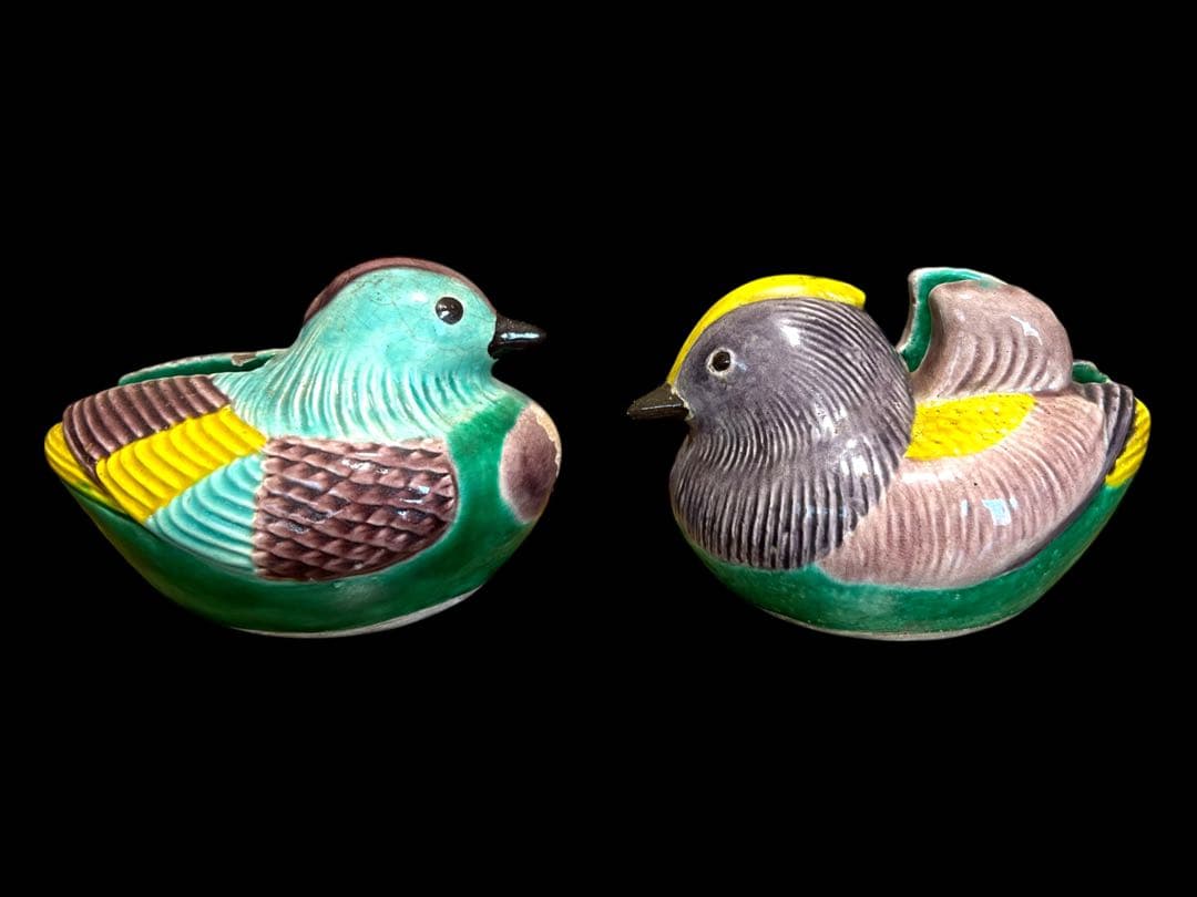 《古美術》希少 清朝時代 鴛鴦モチーフ陶器製御屏風挟(1対) 専用箱 置物