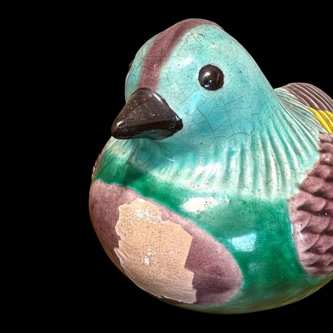 《古美術》希少 清朝時代 鴛鴦モチーフ陶器製御屏風挟(1対) 専用箱 置物