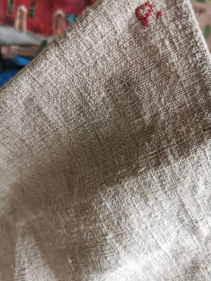 アンティーク ホームスパン ラスティックリネン イニシャルP赤糸刺繍ロングクロス