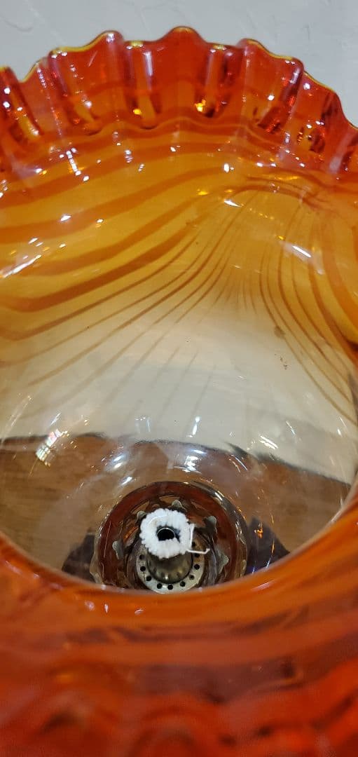 金魚鉢型　オイルランプ　かきあげ　波状紋　約４６cm コバルト　赤橙