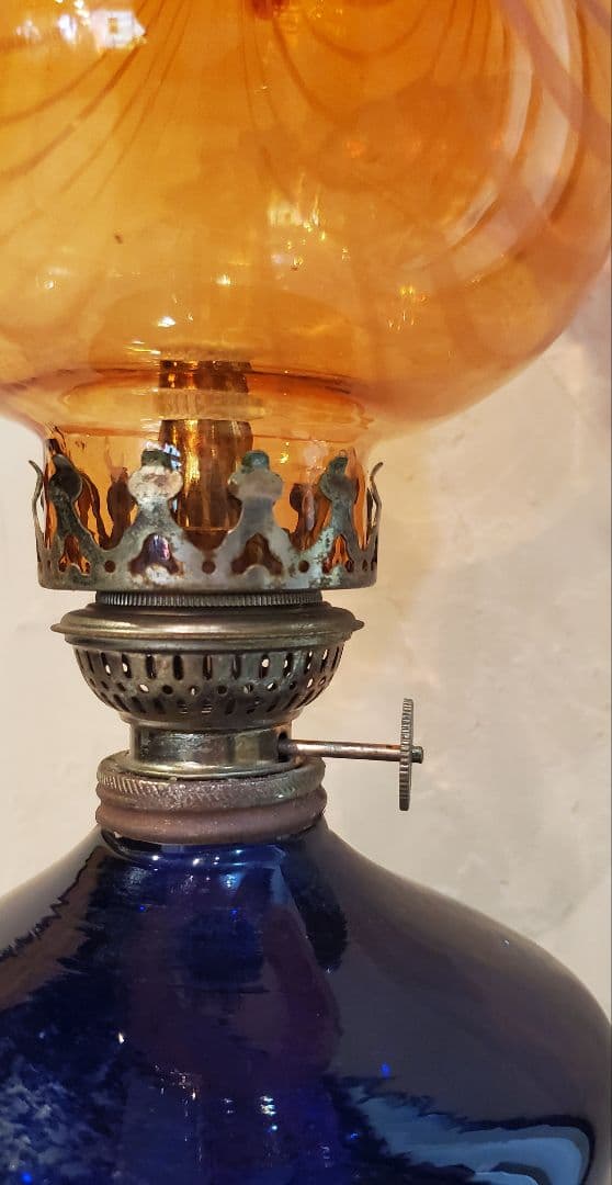 金魚鉢型　オイルランプ　かきあげ　波状紋　約４６cm コバルト　赤橙