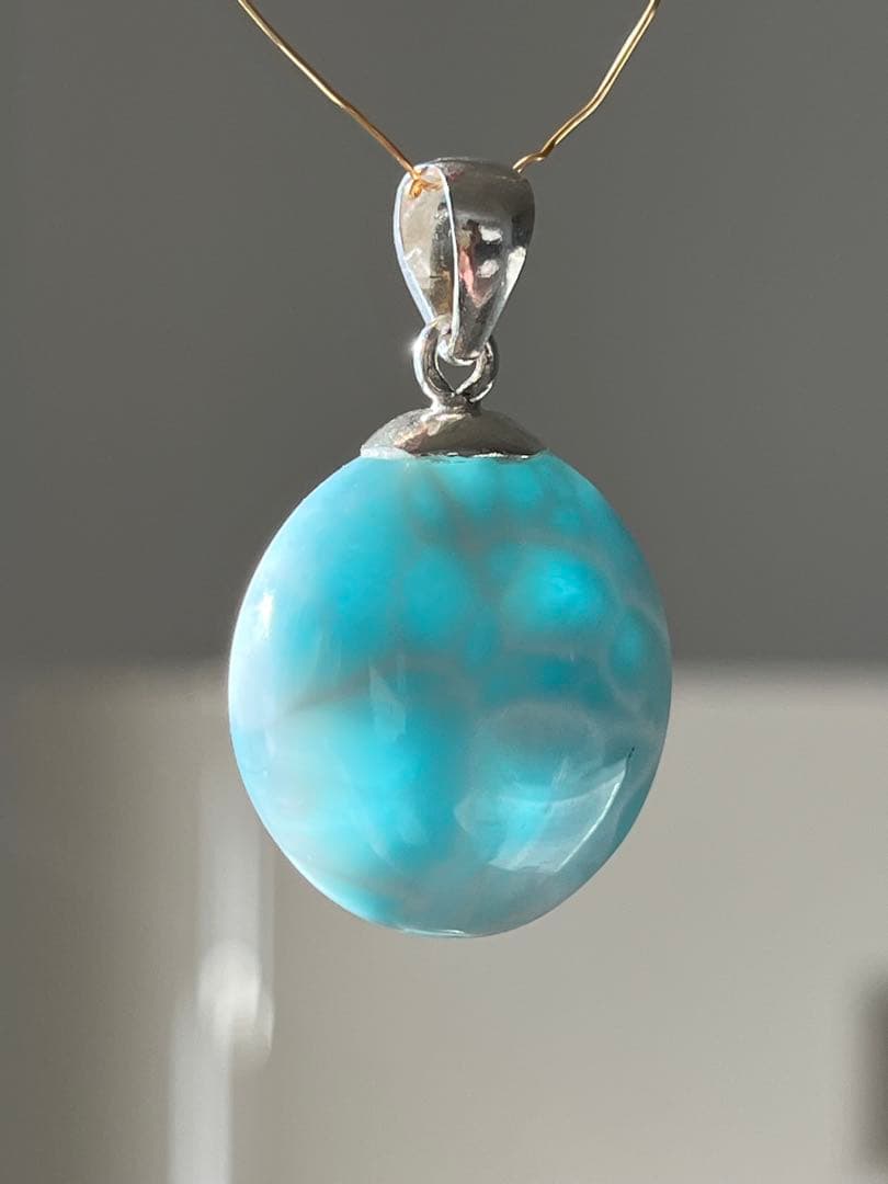 天然石☆高品質！ラリマーまる型ペンダントップ☆両面違って両面美しい！