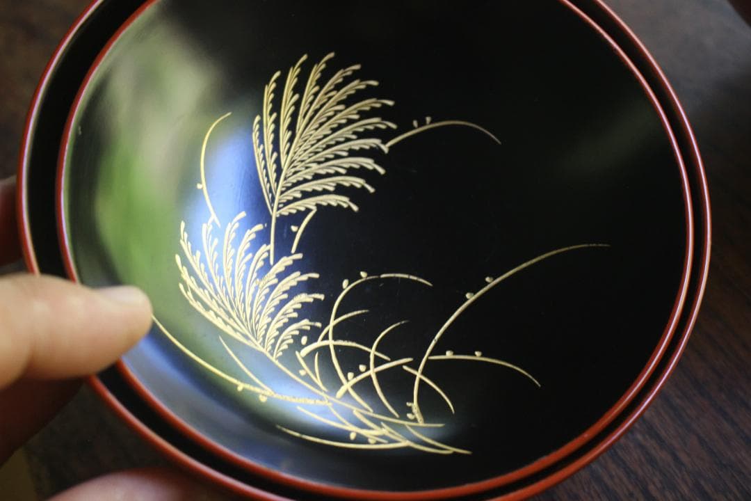 絵柄選択可！時代朱漆に優美な草花沈金のお椀10点（検輪島塗懐石椀沈金椀