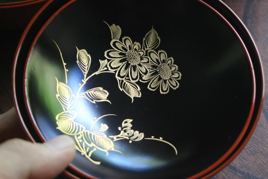 絵柄選択可！時代朱漆に優美な草花沈金のお椀10点（検輪島塗懐石椀沈金椀