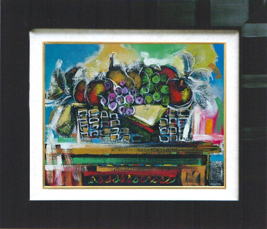 油絵 菅家令子絵画インテリア 額付(青緑＋金色の枠) uF6-120109 果物