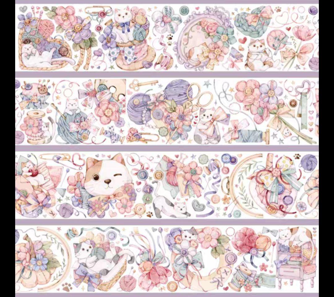 巻売 623★ 海外 マスキングテープ マステ PET 花 装飾 動物 猫 炫彩