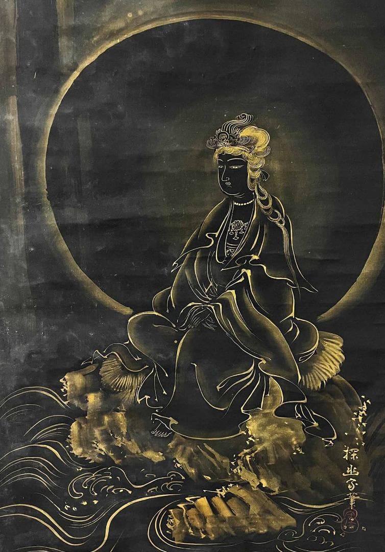 【金泥】★狩野探幽 瀧観音図★真筆 朱塗箱 絹本 検）狩野派 雪舟 狩野永徳