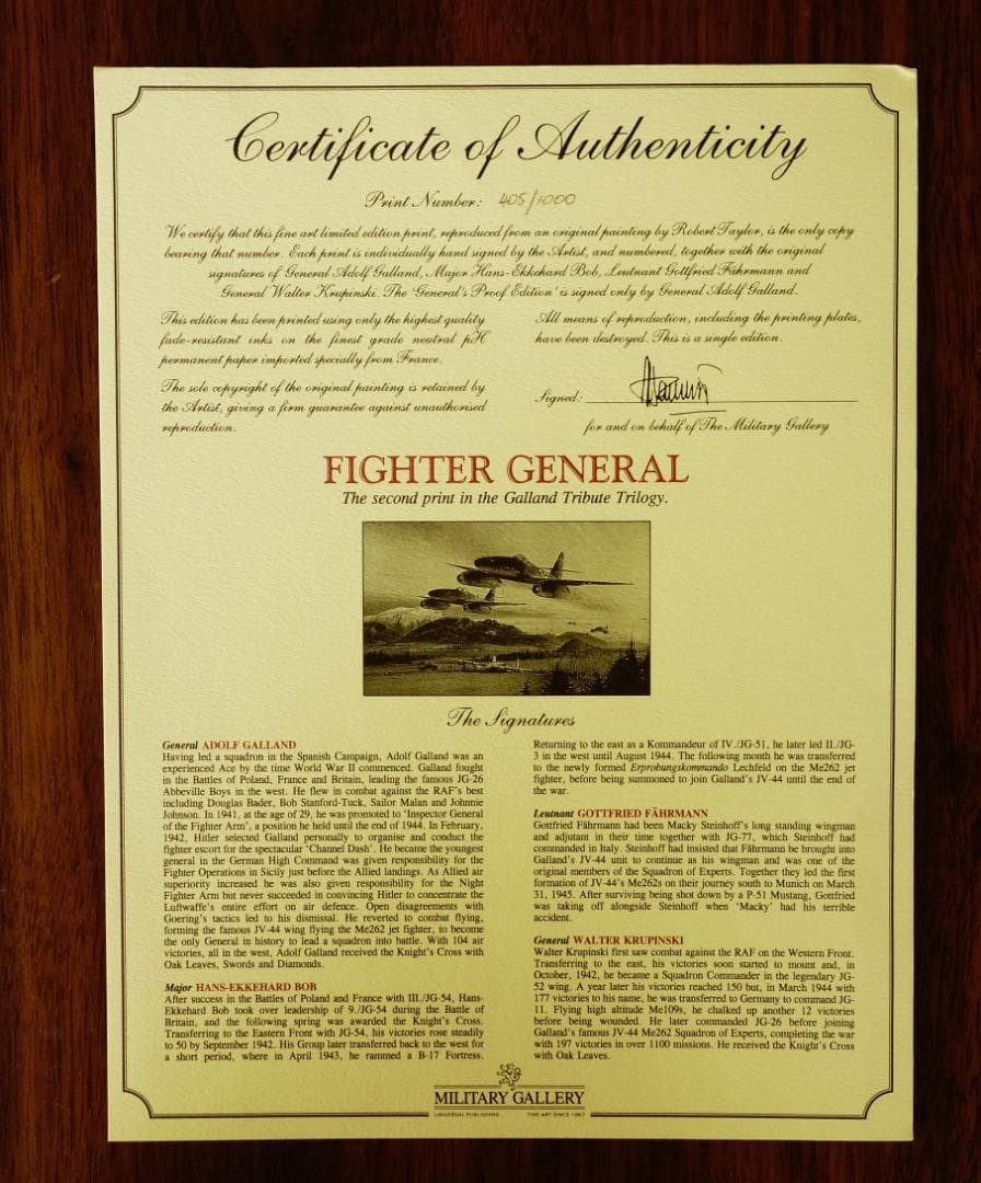 Me262 帰還する第４４戦闘団　ガーランド中将　自筆サイン入り405/1000