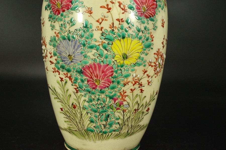 色絵 草花紋 花瓶 明治 京 薩摩 高21.6cm(LC503)