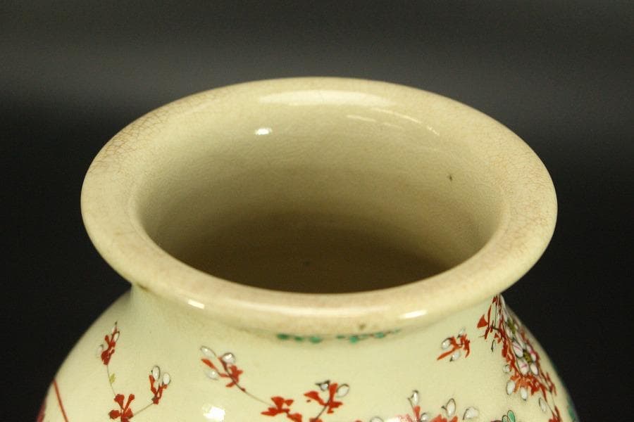 色絵 草花紋 花瓶 明治 京 薩摩 高21.6cm(LC503)