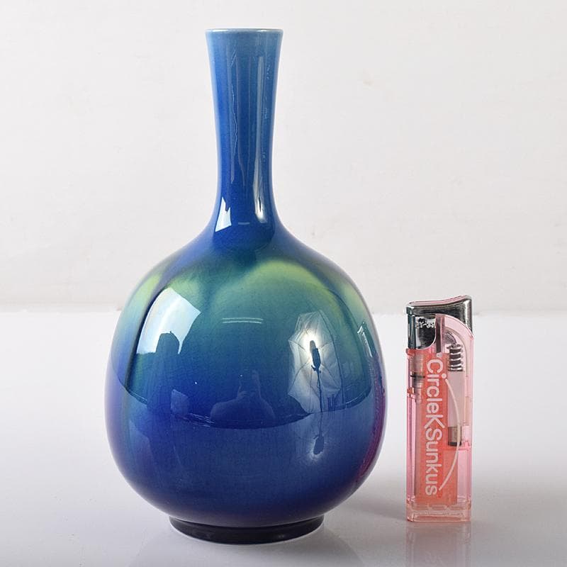 人間国宝　三代徳田八十吉　碧明耀彩　花生　共布共箱　T　R8172