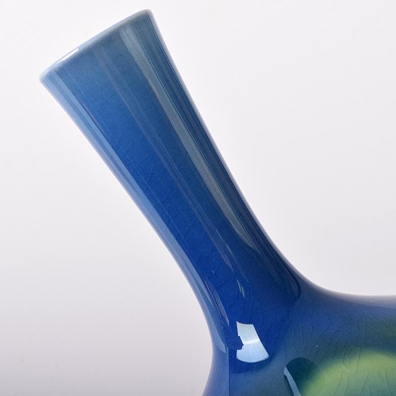 人間国宝　三代徳田八十吉　碧明耀彩　花生　共布共箱　T　R8172