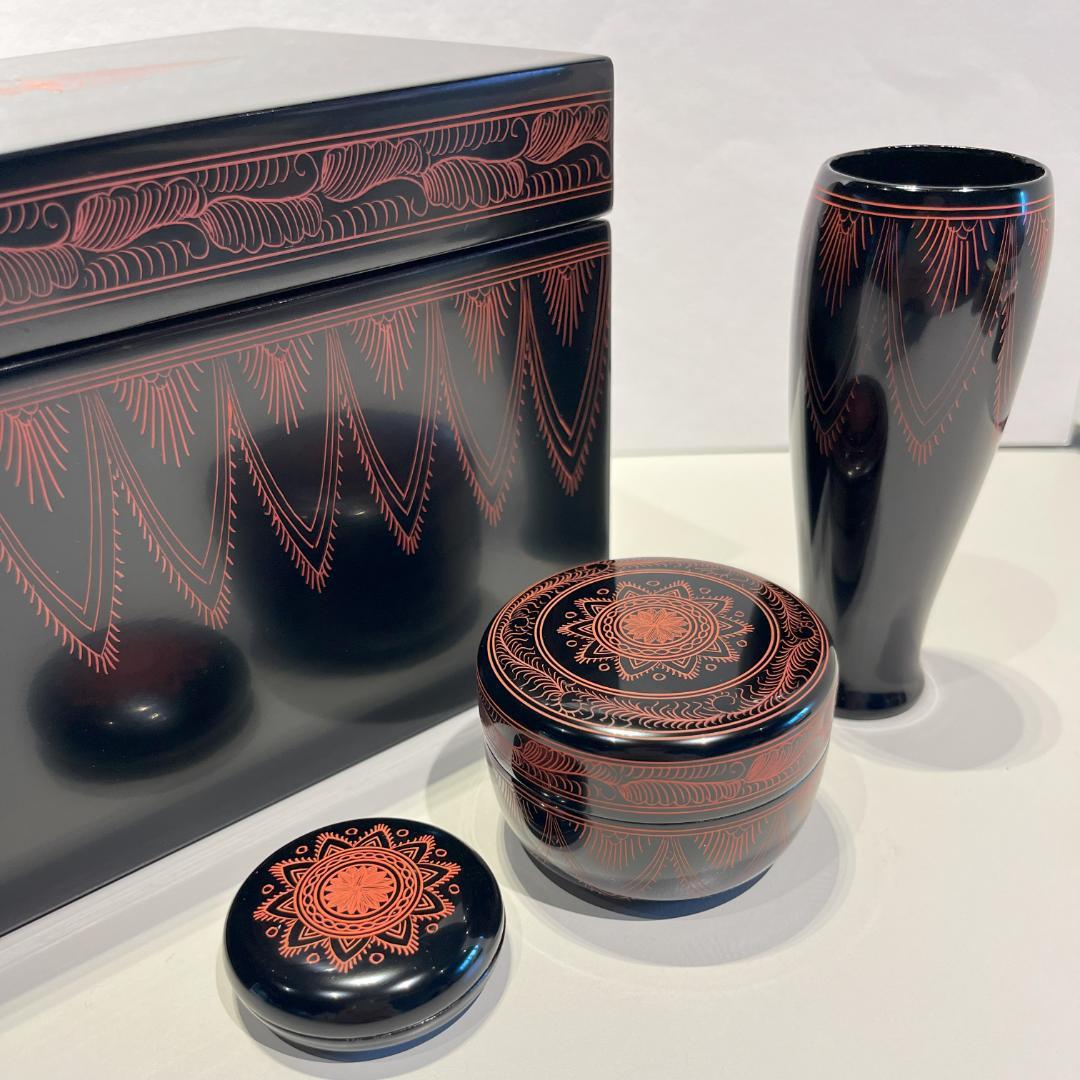 キンマ　茶箱　利休茶箱　茶道具　３点セット　キンマ彫　棗　香合　茶筌筒