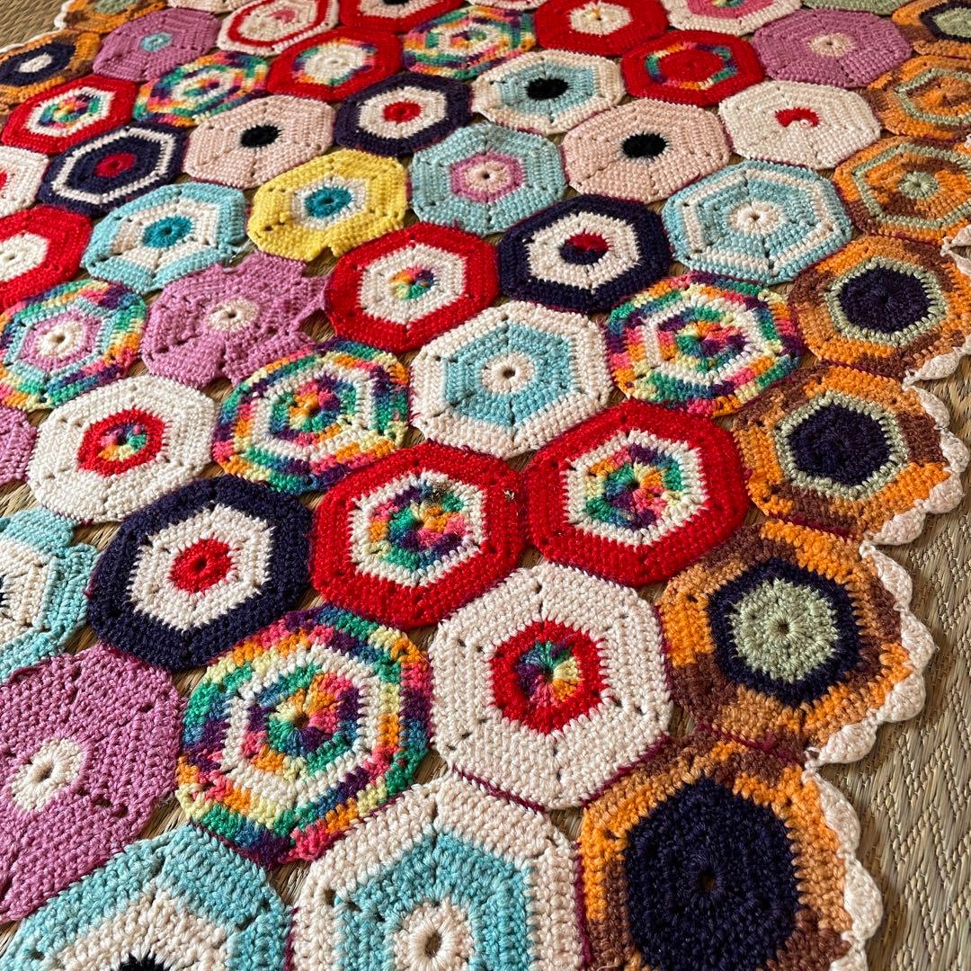 レア！60s〜70sアメリカアンティーク　多彩色ニットラグ　USAヴィンテージ