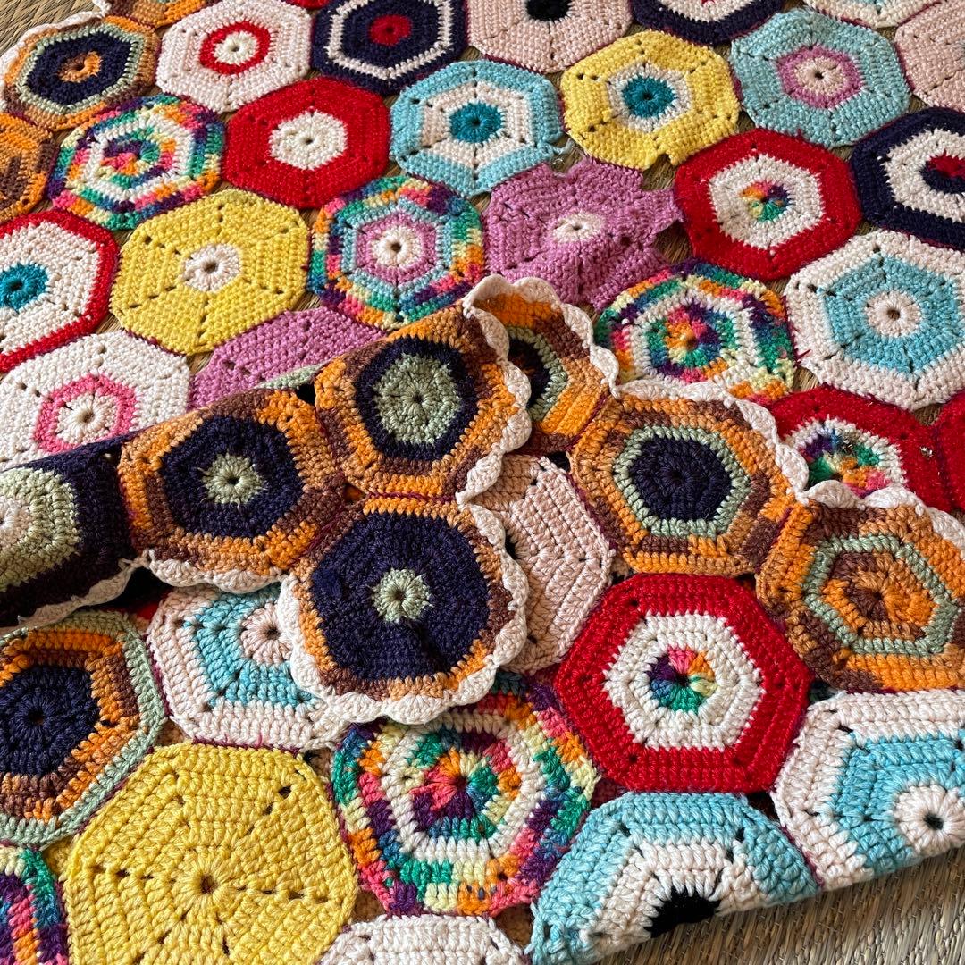 レア！60s〜70sアメリカアンティーク　多彩色ニットラグ　USAヴィンテージ