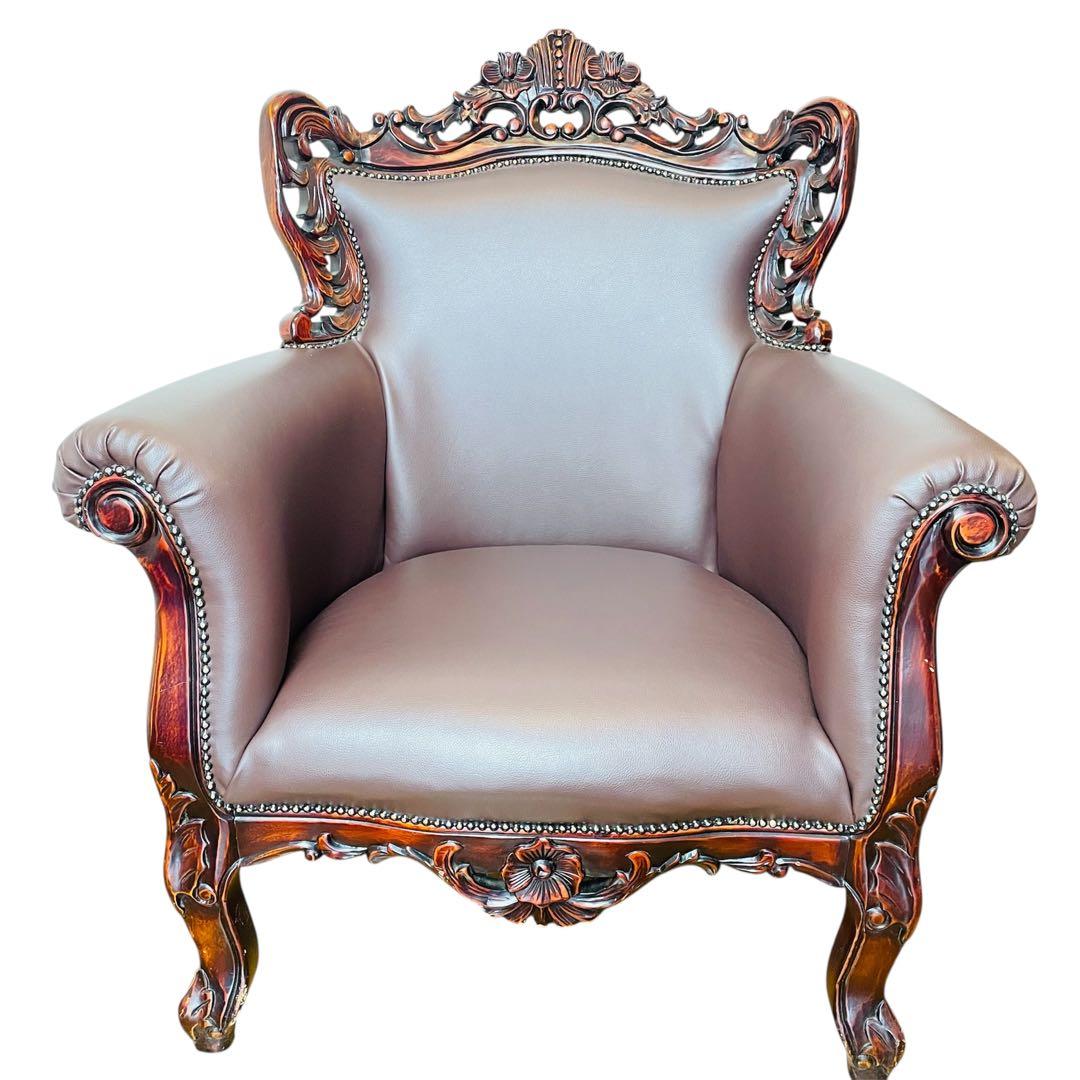 高級 アームチェア ソファ クラシック ヨーロピアン 1人掛け 鋲打ち 彫刻 革