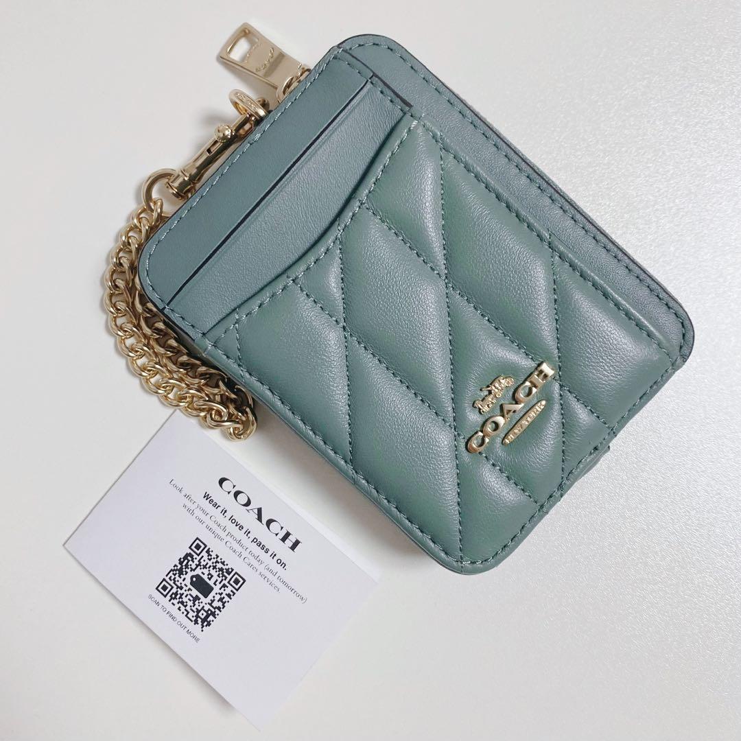 【新品未使用】COACHコーチ★ジップカードケースキルティング★グリーン緑