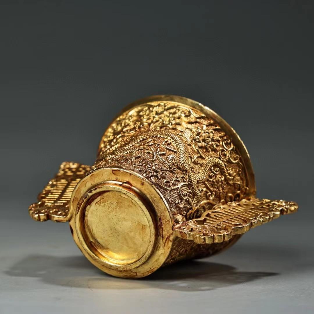 中国古美術・旧蔵収鎏金龍酒具・純銅细密彫・純手作り・高浮彫・置物・酒器・茶道具