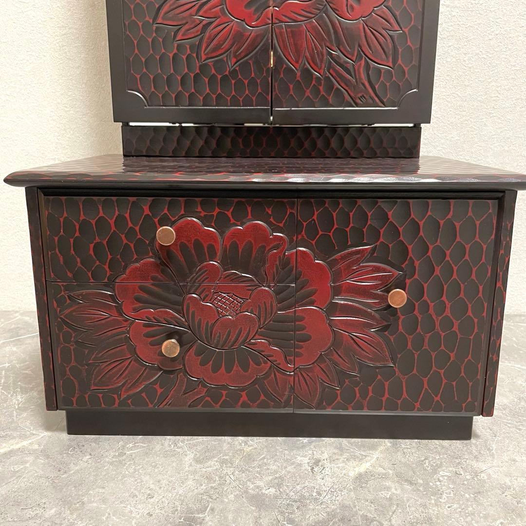 鎌倉彫 鏡台 三面鏡 木製 彫刻 牡丹花 昭和レトロ 和風 ドレッサー