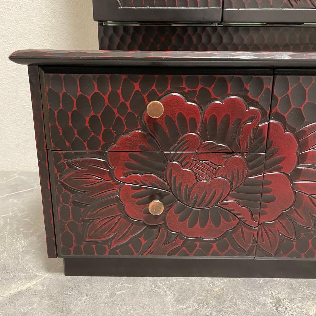 鎌倉彫 鏡台 三面鏡 木製 彫刻 牡丹花 昭和レトロ 和風 ドレッサー