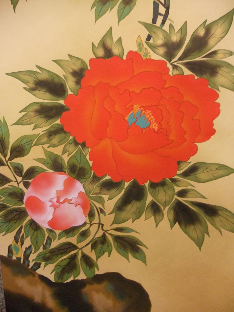 掛け軸 小川大鳳 牡丹に蝶 絹本 希少 軸装 茶道具 掛軸 美品 です。