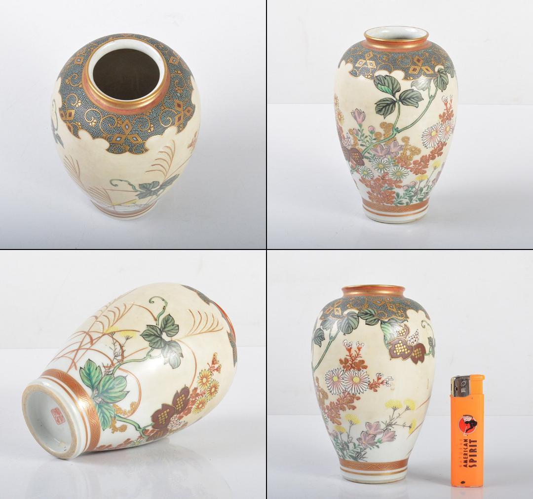 りの　九谷焼　清雅堂造　青粒　色絵秋草図　花瓶　共箱 M R4217