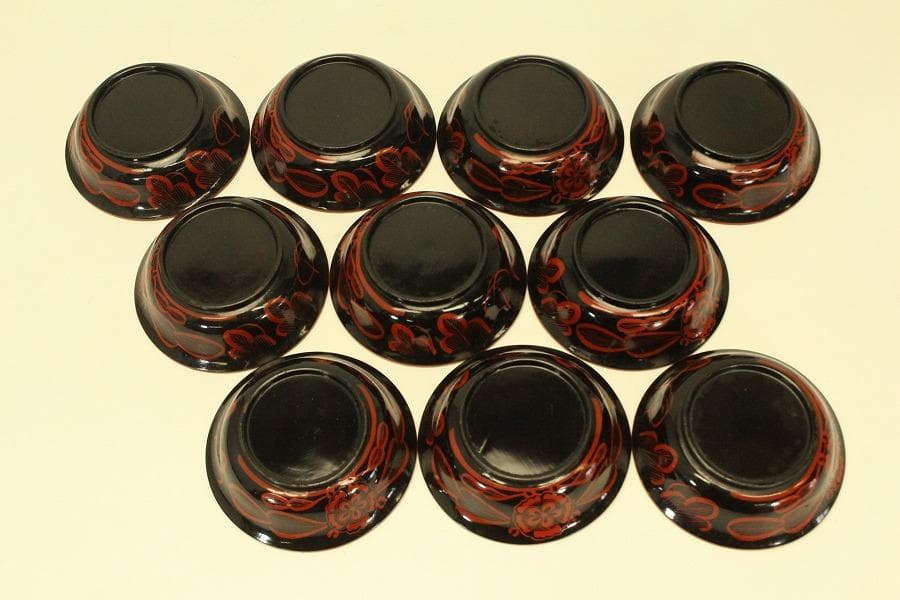 朱漆 輪花模様 小皿 十件 時代物(A733)