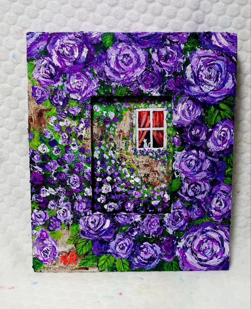 油絵 絵画【猫と紫の薔薇】