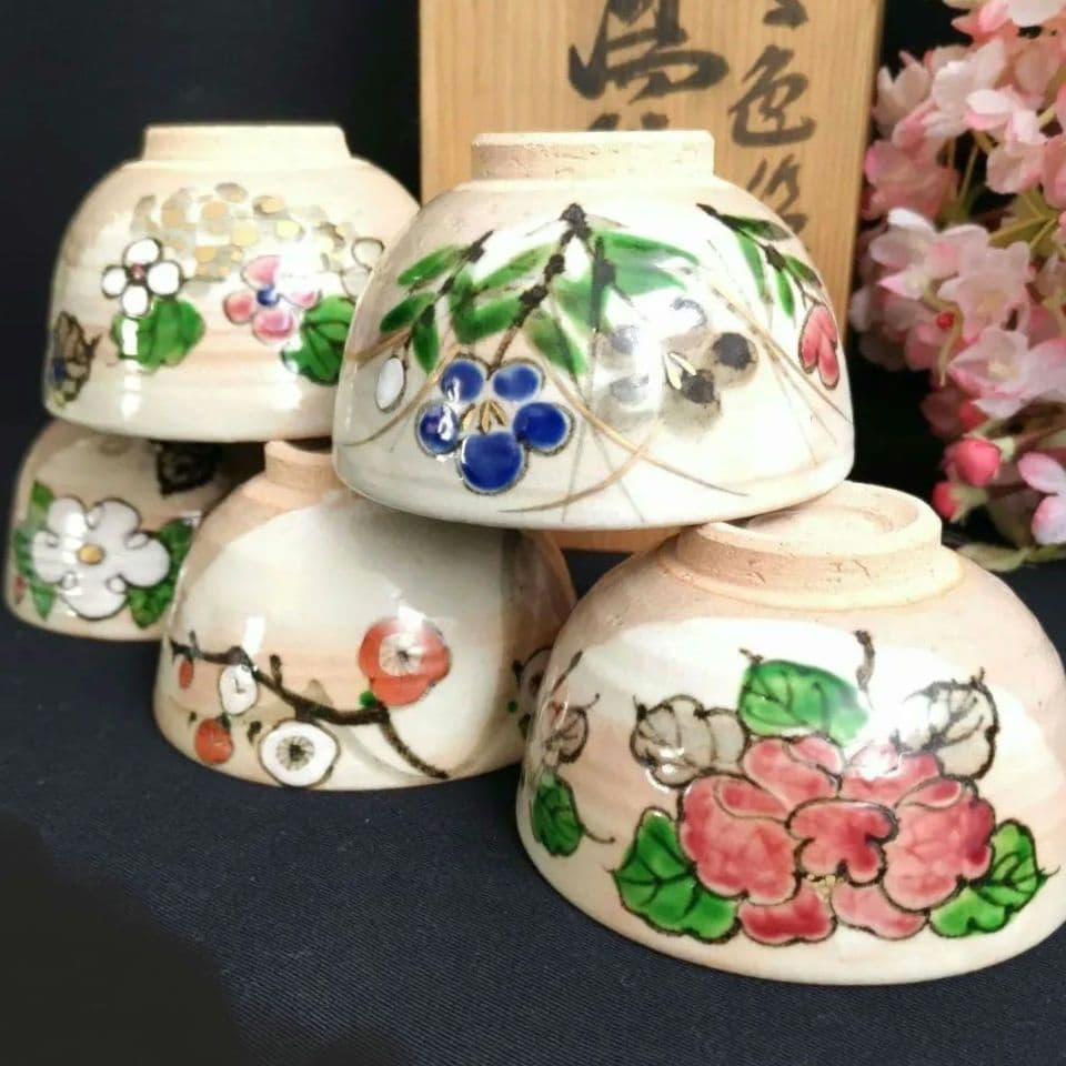 新品　京焼清水焼　乾山写　伊藤魁雲　色絵五草花　茶盌茶碗　粉引御本手　木箱入