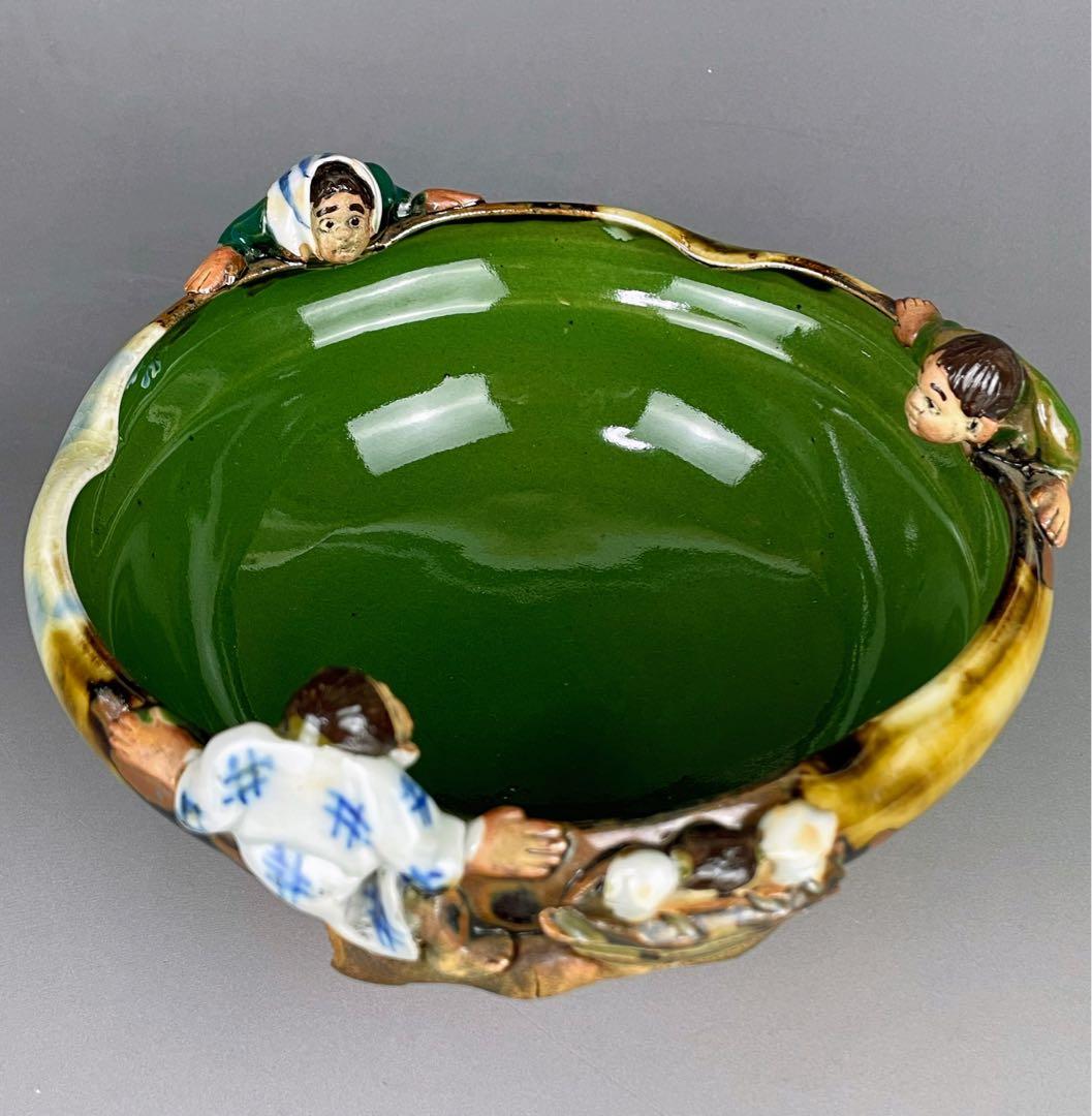 隅田焼 井上良斎 高浮彫人物立体造形焼物 明治期 ボウル トレイ 深皿 鉢