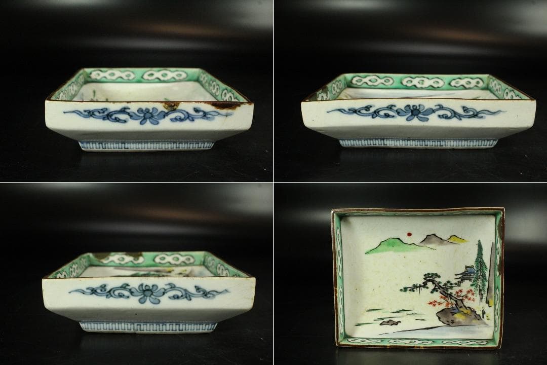 古九谷 四方 皿 六客 時代物(K-XA844)