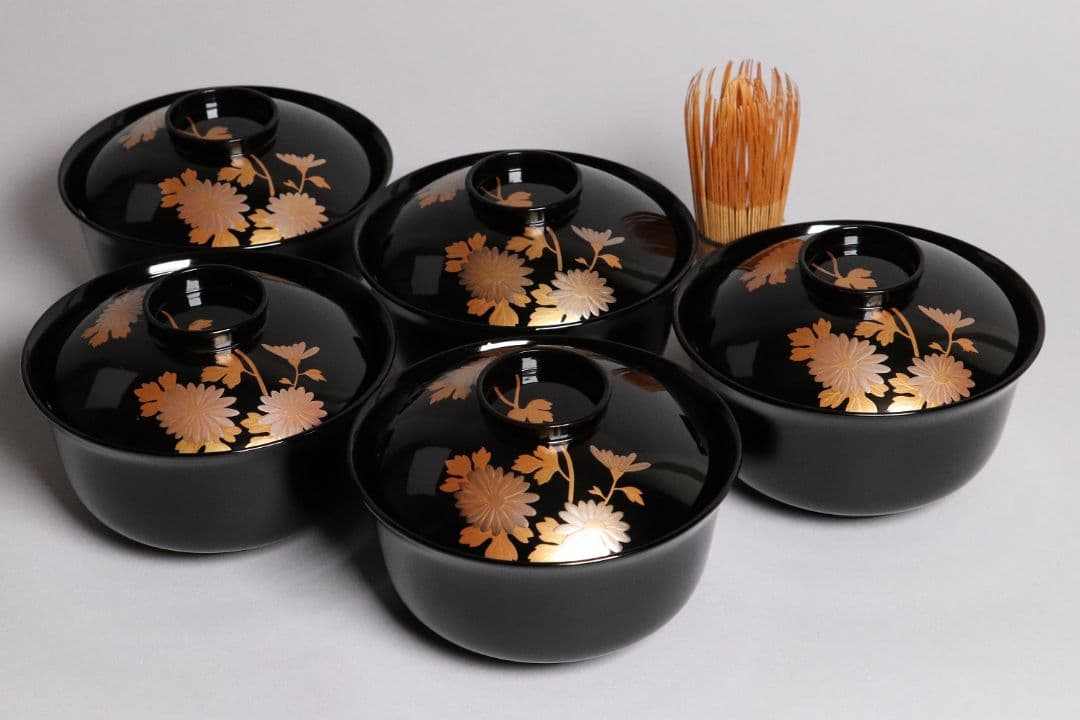 木製漆器 菊花蒔絵 黒塗 椀 五客 漆芸 茶懐石 会席道具 草花【MA286】