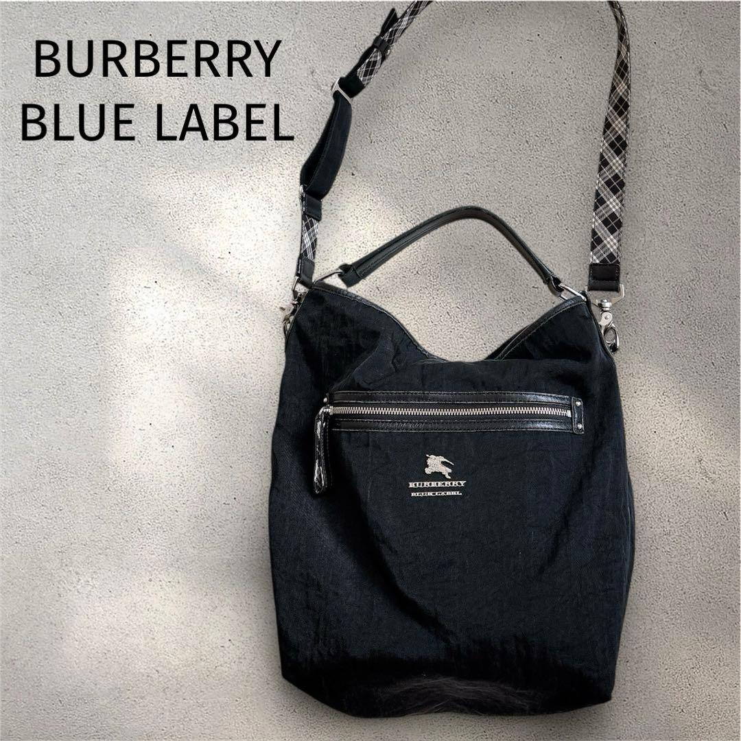 バーバリーブルーレーベル 2way ショルダーバッグ ナイロン×レザー 黒