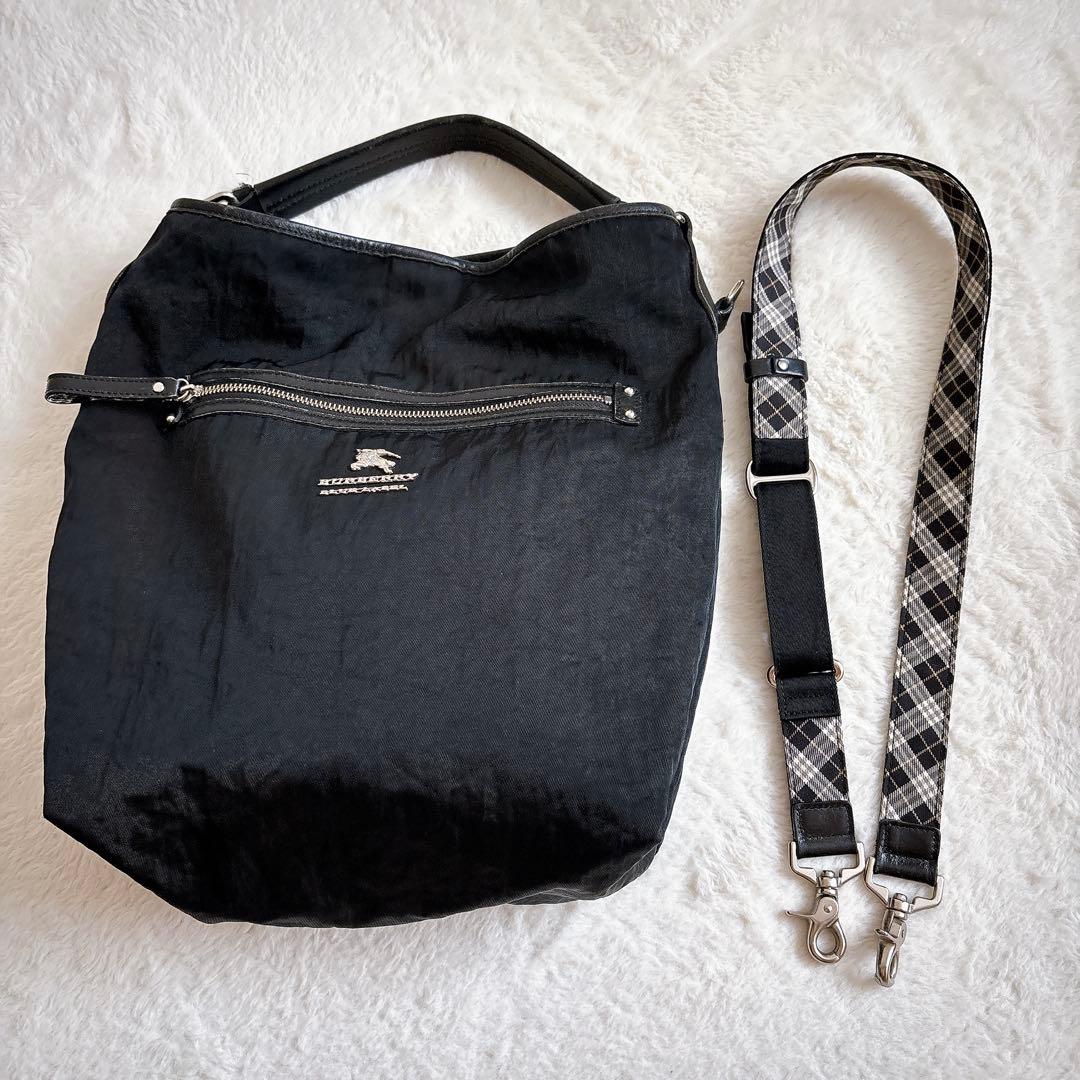 バーバリーブルーレーベル 2way ショルダーバッグ ナイロン×レザー 黒