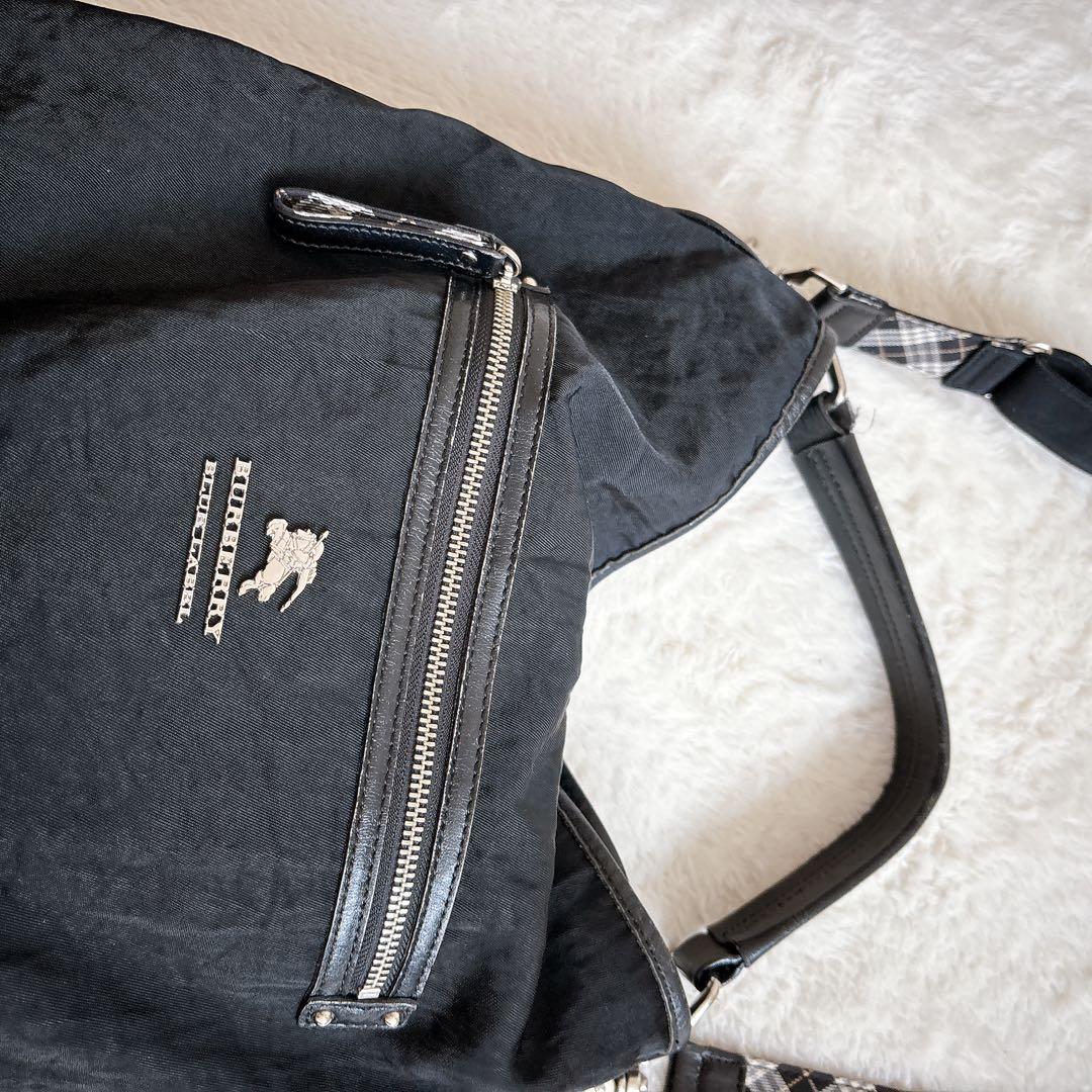 バーバリーブルーレーベル 2way ショルダーバッグ ナイロン×レザー 黒