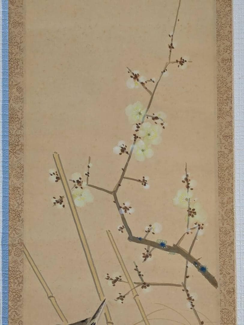 【真作】掛軸　太田文暉　春浅し　竹筒水鉢　彩色日本画　二重箱入　U20