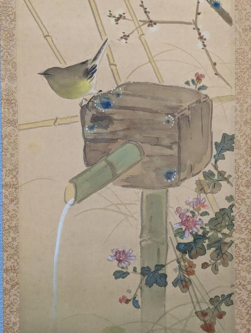 【真作】掛軸　太田文暉　春浅し　竹筒水鉢　彩色日本画　二重箱入　U20