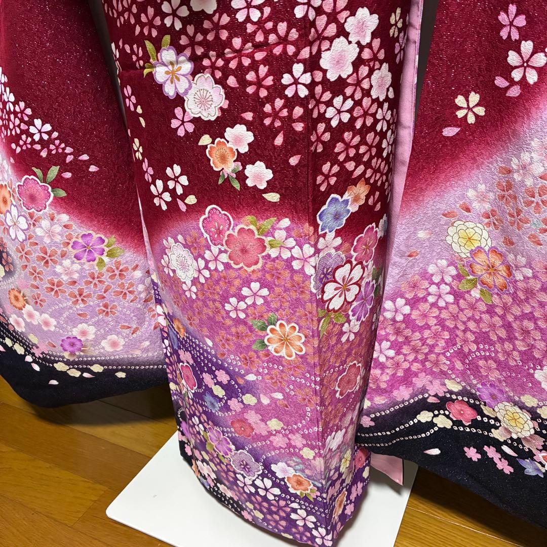 【振袖フルセット】+小物セット 豪華百花文様 深紅 銀糸 7点セット